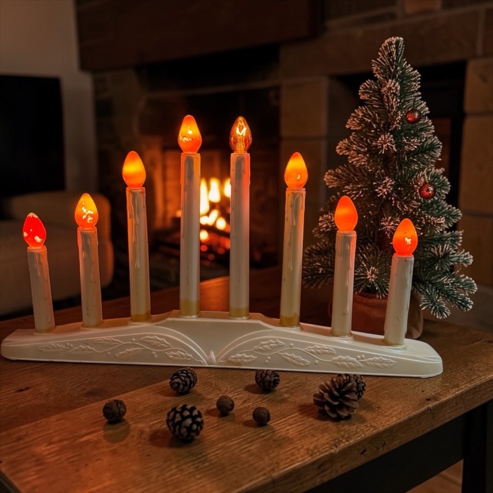Vintage 8 Light Christmas Candolier Dripping Wax Candles With Orange Bulbs